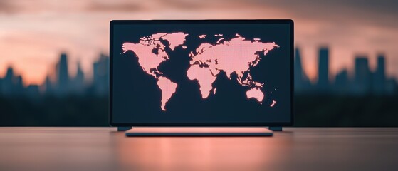 A digital map of the world displayed on a screen against a sunset city skyline, symbolizing global connectivity and technology.