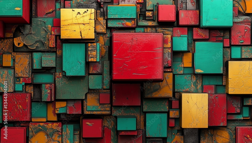 Poster a 3d rendering features multicolored cubes arranged in an abstract geometric pattern with a rainbow 