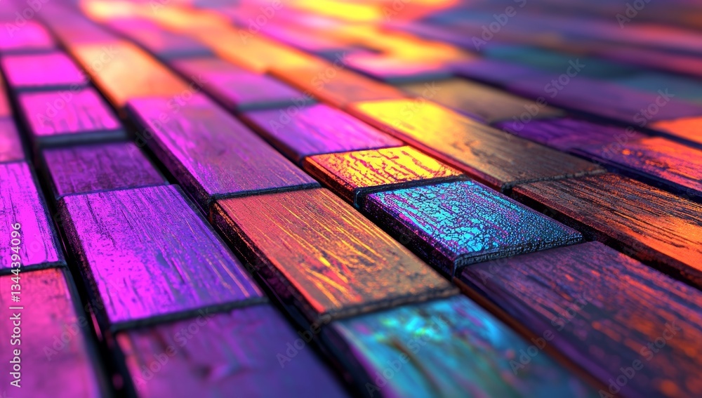 Poster a vibrant 3d rendering featuring an array of colorful geometric shapes and reflections