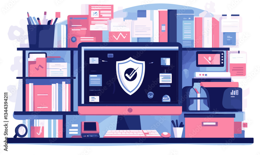 Poster antivirus software interface with secure shield icons and network protection in a digital workspace 