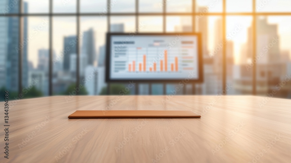 Poster modern office setting with a wooden table and a digital screen displaying data charts against a city