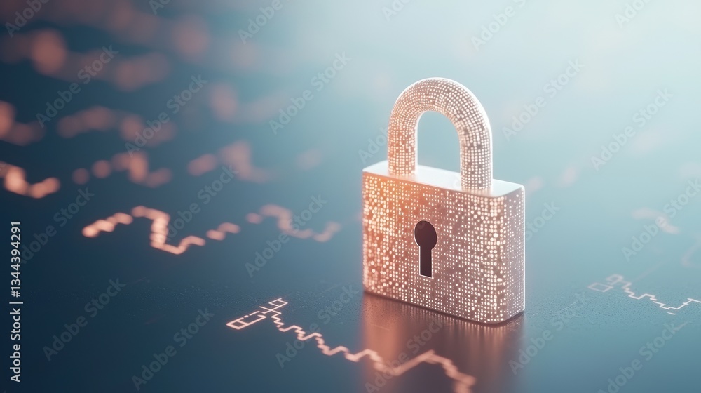 Poster a digital lock symbolizing cybersecurity on a vibrant background with data patterns.