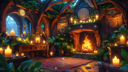 Spectacular picture of interior of a fantasy medieval cottage, full with plants furniture and enchanted light.