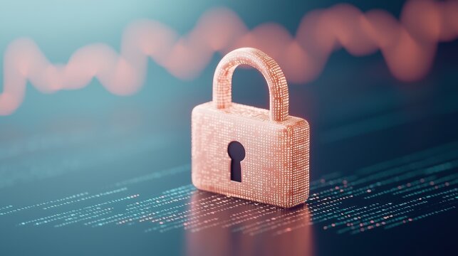 A digital lock symbolizes security against data breaches, surrounded by flowing binary code, representing cybersecurity and technology.