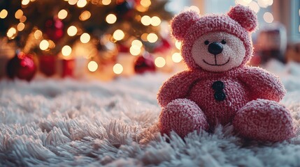 Adorable pink teddy bear sitting on a cozy rug in front of a festive Christmas tree