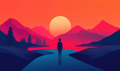 Obraz premium Minimalist Sunset Mountain Scene with Silhouette by River in Adobe Illustrator