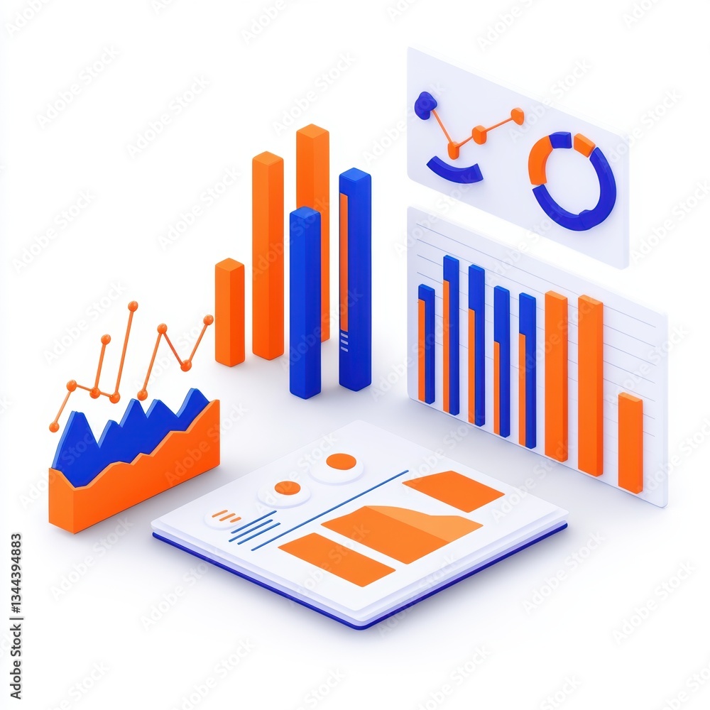 Poster data visualization elements in blue and orange, including graphs and charts, displayed on a clean, m