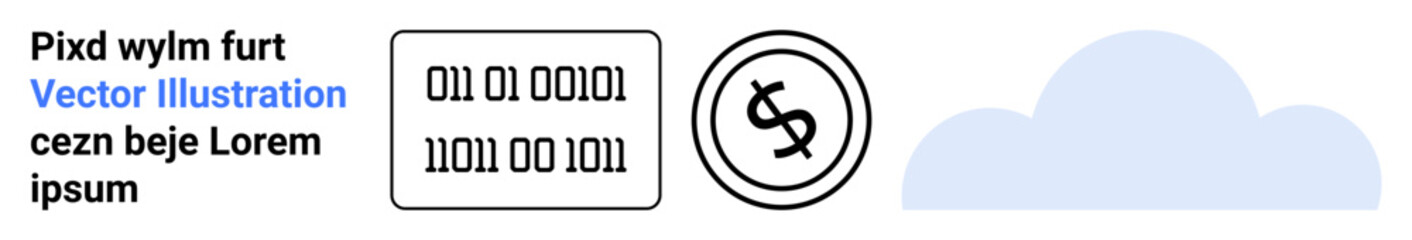 Binary code, dollar coin icon, cloud element symbolizing data, finance, technology, cloud storage, coding, fintech cryptocurrency digital transactions. Ideal for tech innovation modern finance