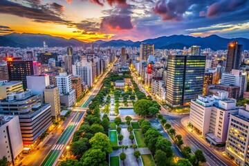 Fototapeta premium Stunning 4K Aerial View of Hiroshima City Center, Japan - Modern Architecture and Urban Landscape