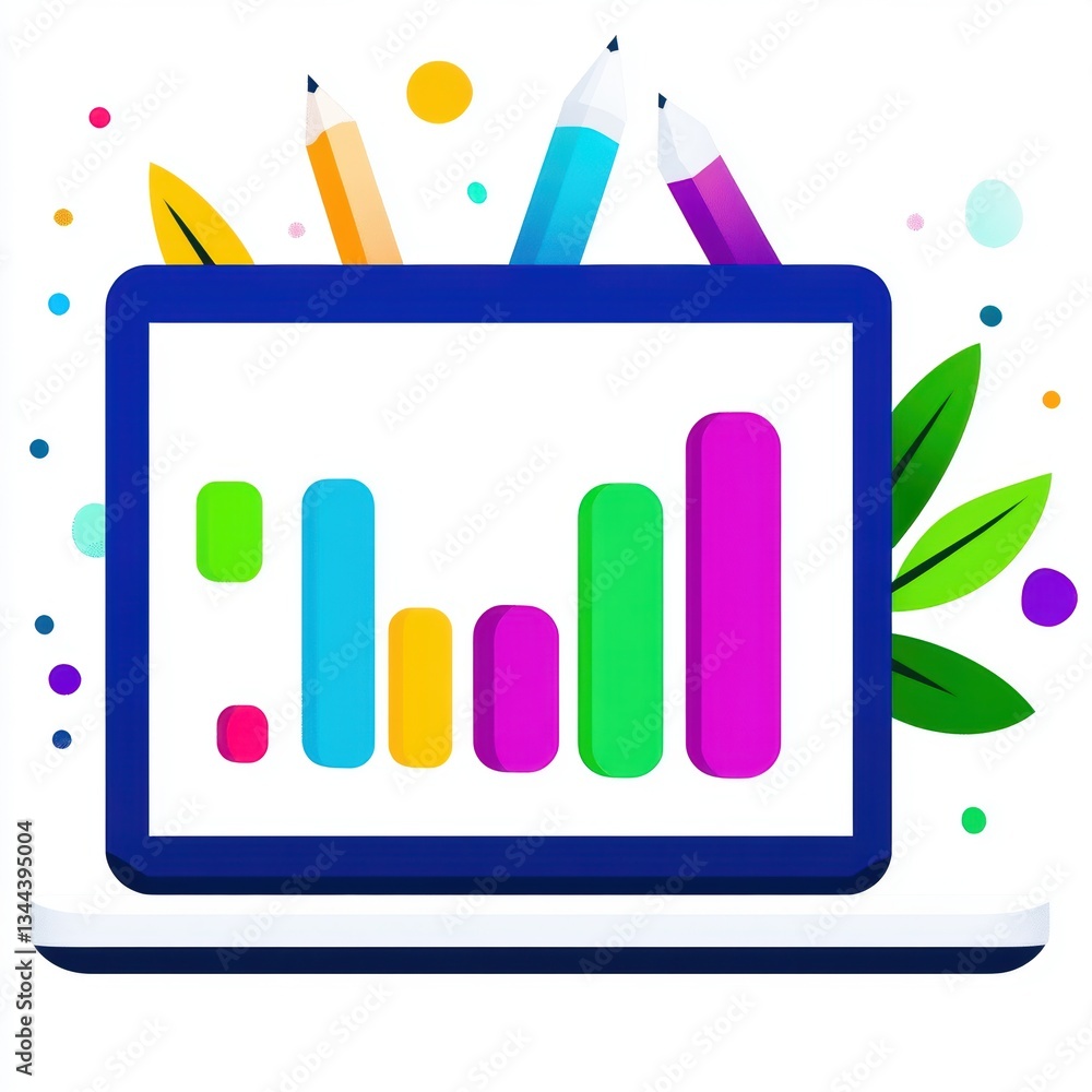 Aufkleber colorful graphic of a laptop displaying bar graphs, surrounded by pencils and abstract shapes, repre