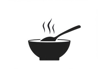 black and white icon, simple bowl design, steaming soup, spoon in bowl, minimalist illustration, food symbol, hot meal representation, circular shape, wispy steam