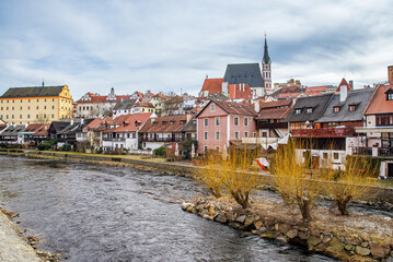 Cesky Krumlov, Czech republic - March 04, 2025. Historic buildings around river