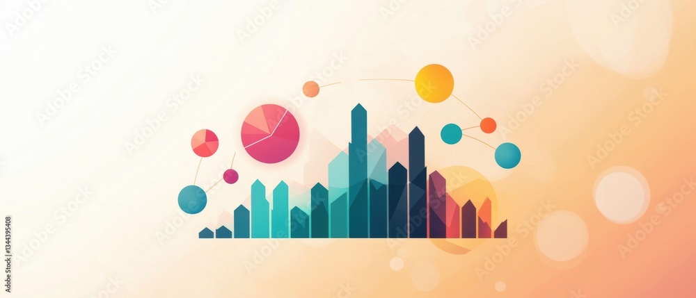 Poster abstract digital representation of a city skyline with colorful graphs and circles, symbolizing data