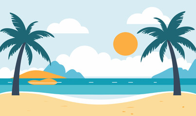 Obraz premium Tropical Beach Paradise with Palm Trees and Ocean Sunset Vector Illustration for Travel and Leisure