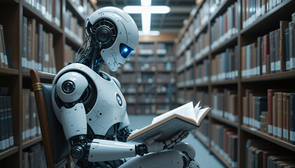 Fototapeta premium Concept of ai text generation with a robot sitting in a bookstore and reading a book.