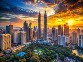 Fototapeta premium Stunning Aerial View of Kuala Lumpur City Skyline at Sunset, Malaysia