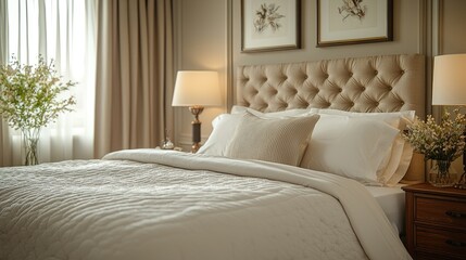 Elegant bedroom interior featuring a cozy bed with decorative pillows and soft lighting