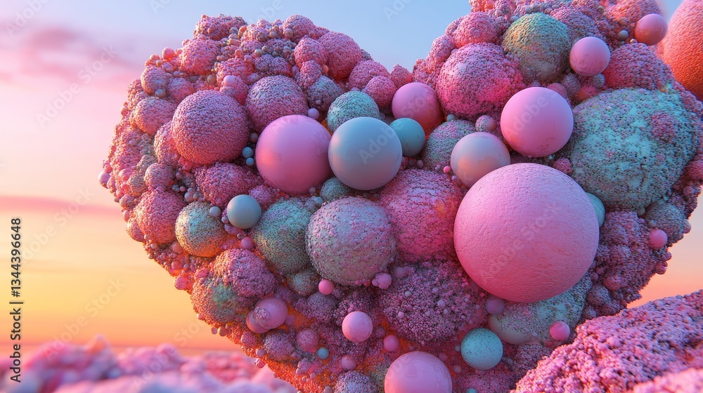 Poster the image features a 3d rendering of a heart formed by balloons in various colors, including peach, 
