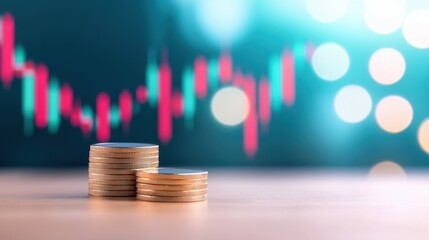Coins are stacked on a table with a blurred financial graph and colorful lights in the background, suggesting investment or economic growth.