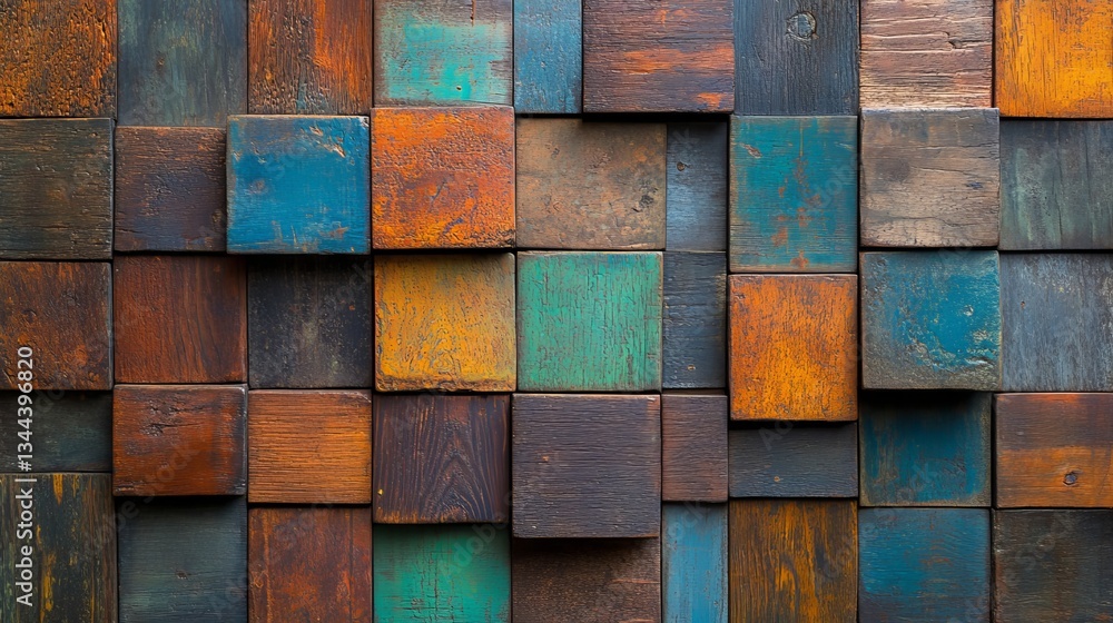 Aufkleber the background image is a 3d render of a wood block wall with a mosaic wallpaper that has a light an