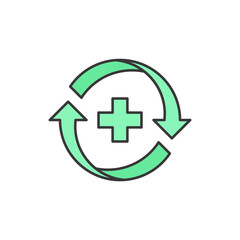 A dynamic symbol featuring a green circular arrow around a green cross, representing renewal and progress in recovery efforts. Simple, clear, and impactful