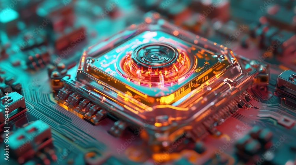 Poster the concept of video camera technology is represented on a microchip with a recording symbol, as dat