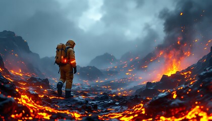 Volcanic Landscape Astronaut Walking Lava Exploration