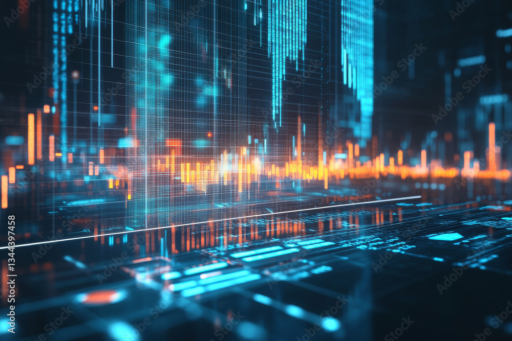 Poster futuristic digital landscape showcasing vibrant data visualization with glowing lines and graphs. th