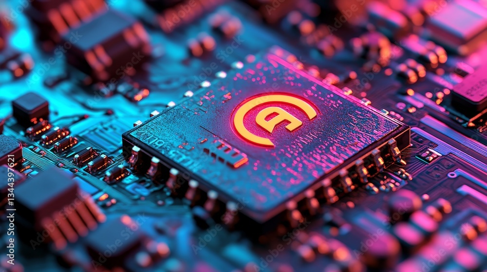 Poster the concept of email technology is illustrated on a microchip with the @ symbol, set against a backd