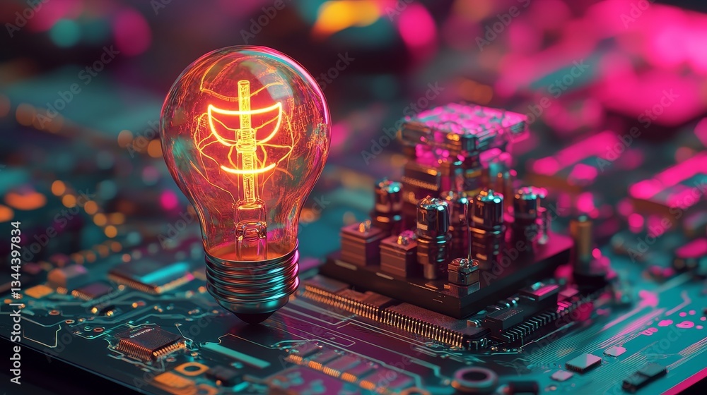 Poster the innovation technology concept is depicted by a lightbulb symbol on a microchip, surrounded by wh