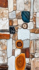 Mosaic wall of various stones and natural materials