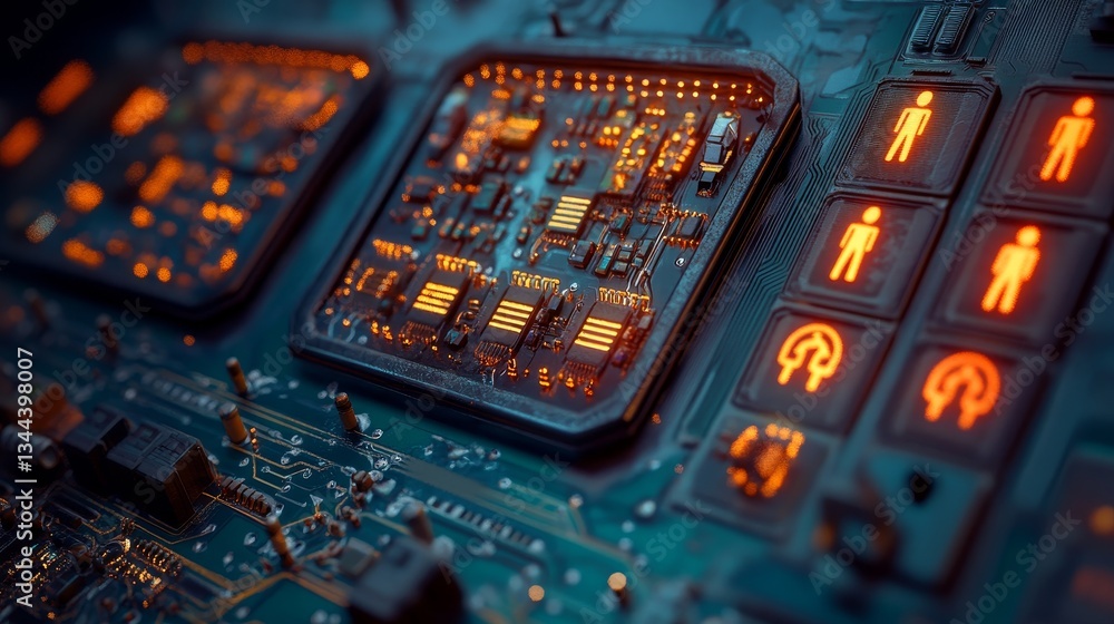 Poster the interface technology concept is depicted on a microchip with a usb symbol, where white neon data