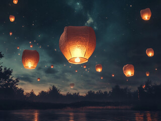 Floating lanterns illuminate night sky, creating magical atmosphere over serene landscape. warm glow reflects on water, enhancing enchanting scene