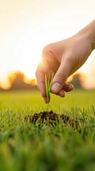 Hand Planting Small Green Seedling in Fresh Soil at Sunrise