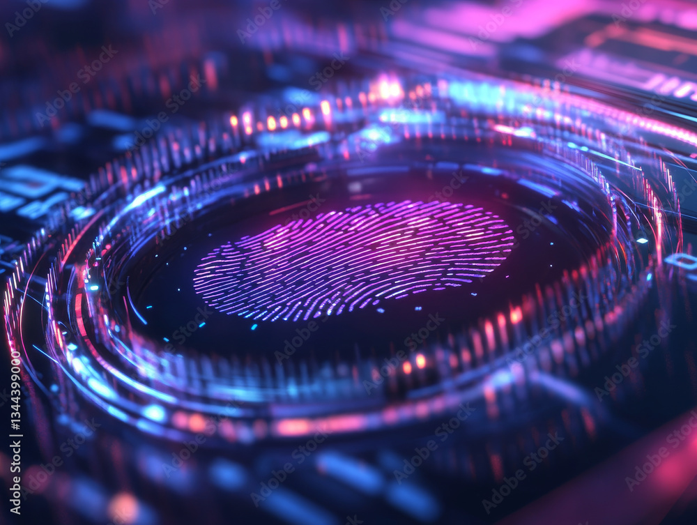 Poster vibrant digital fingerprint design showcases intricate patterns and glowing colors, creating futuris