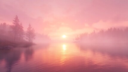 Fototapeta premium Sunrise on lake with pink sky and trees. Meditation