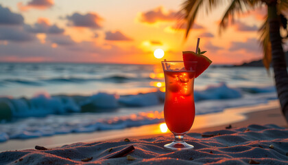 Tropical cocktail at sunset on the beach with waves and palm trees in the background