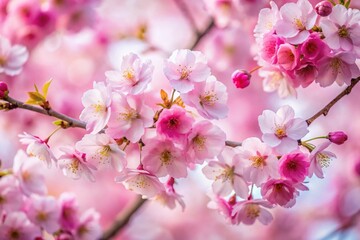 Obraz premium Stunning Pink Cherry Blossom Branches on White, Low Light Photography, Beautiful Sakura Blooms