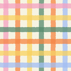 Seamless abstract pattern of multicolored wavy checkered stripes on light background, watercolor effect, simple hand drawn illustration, flat style