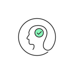 A detailed representation of mental well-being. A human head profile with a green checkmark inside, symbolizing positive emotional health and balanced mental state
