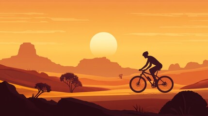 Silhouette of cyclist riding mountain bike across desert landscape at sunset.