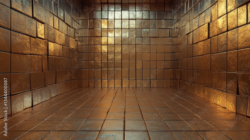 Poster the arrangement of 3d tiles creates a glossy wall, complemented by a luxurious gold block background