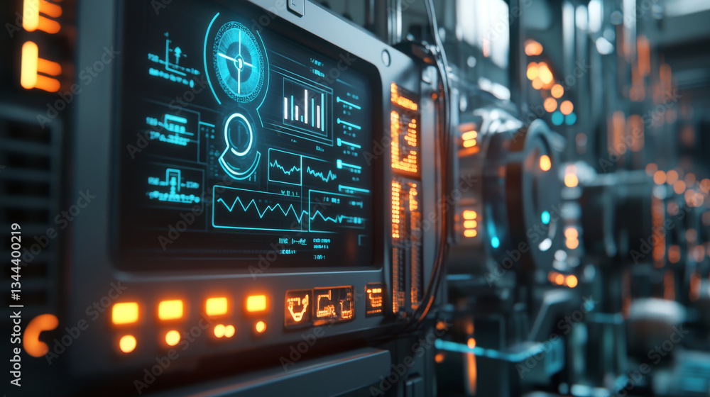 Poster futuristic control panel displays vibrant data visualizations and glowing indicators, showcasing adv