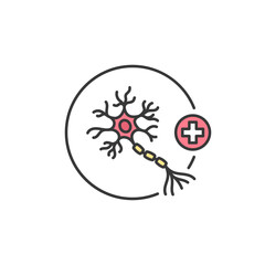 Representation of a neuron with intricate branches, encircled and linked to a medical cross, symbolizing neurological health and diagnostic care processes
