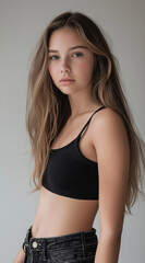 Fototapeta premium A young woman with long brown hair models in black top and jeans stylish and elegant image.