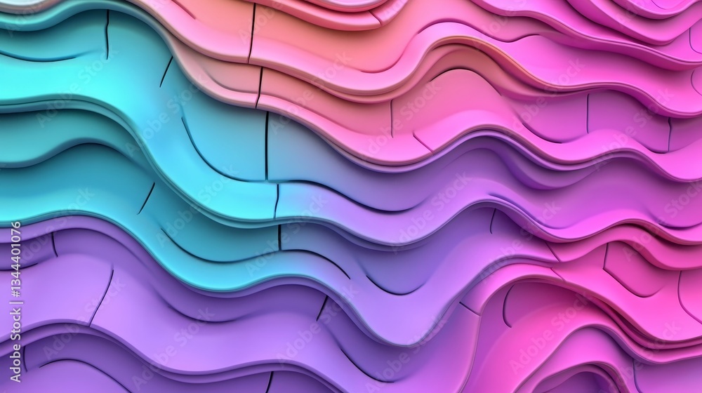 Poster the 3d render features purple and aqua 3d ribbons that come together to create a multicolored abstra