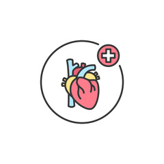 Icon showcasing an anatomical heart outlined in red with a medical cross, symbolizing cardiovascular health, diagnostics, and specialized cardiac care services