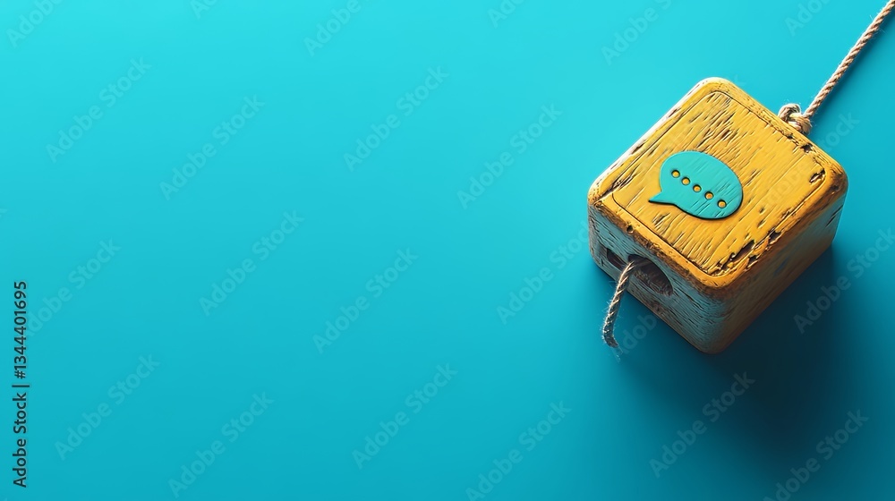 Poster the concept of text technology is illustrated on a wooden block with an sms symbol, accompanied by w