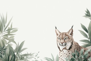watercolor illustration of majestic wild cat like lynx or leopard prowling silently through dense jungle capturing
