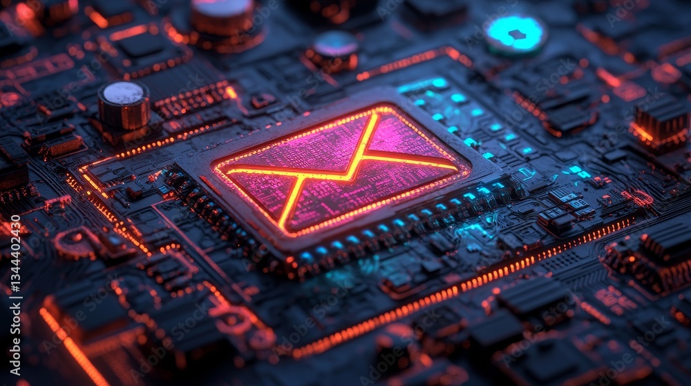Poster the concept of email technology is illustrated through a 3d render of an envelope symbol on a microc